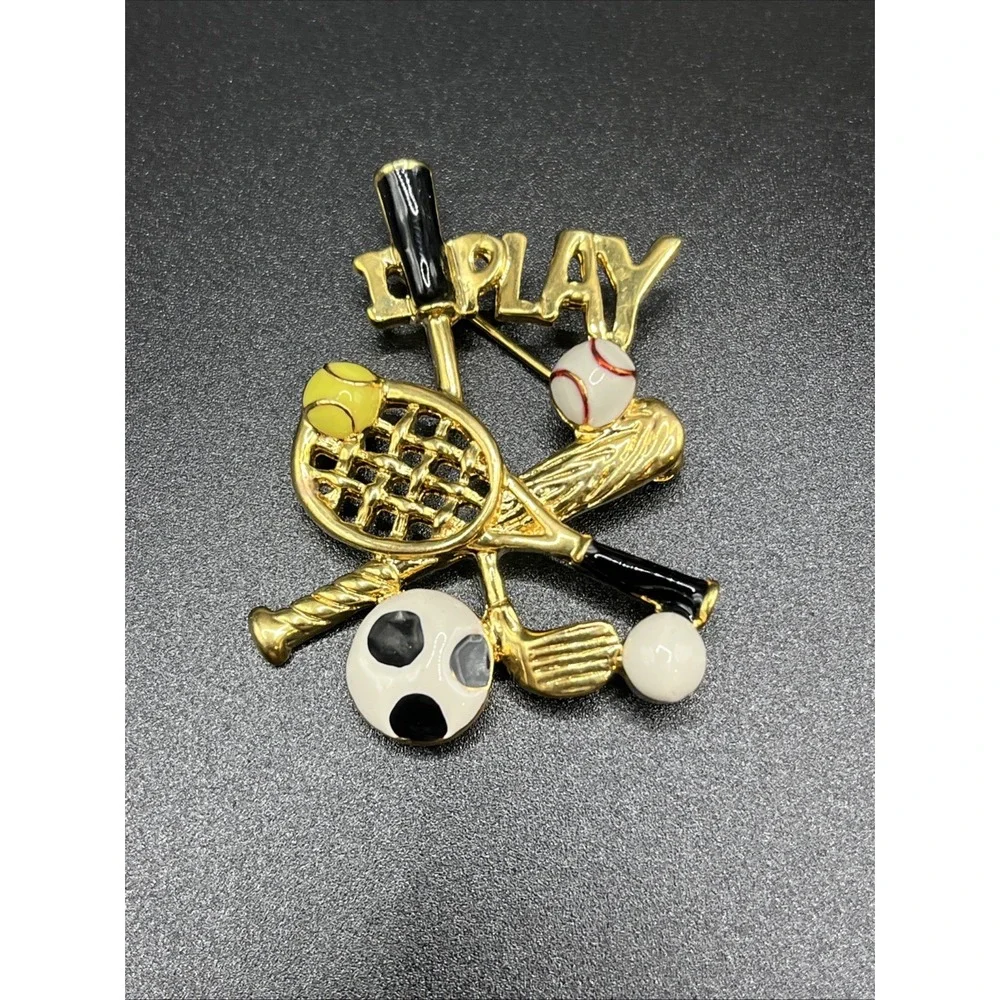 Gold-Tone Enamel Sports Brooch Pin 'I Play' Baseball, Tennis, Golf, Soccer Vtg.